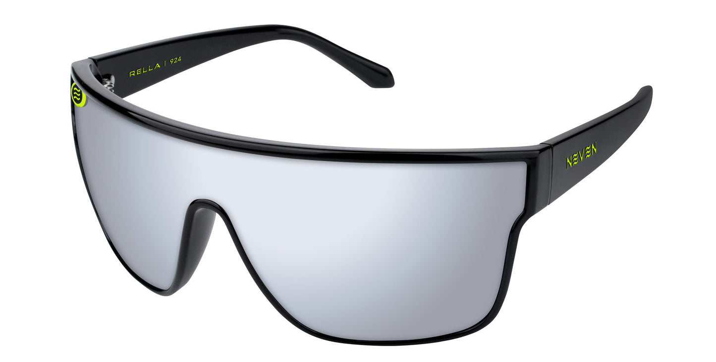 A sporty pair of black Neven Eyewear 924 sunglasses with a large mirrored lens, wraparound frame, yellow “RELAX” text on the arms, model number "924" on the upper left corner, and UV400 protection.