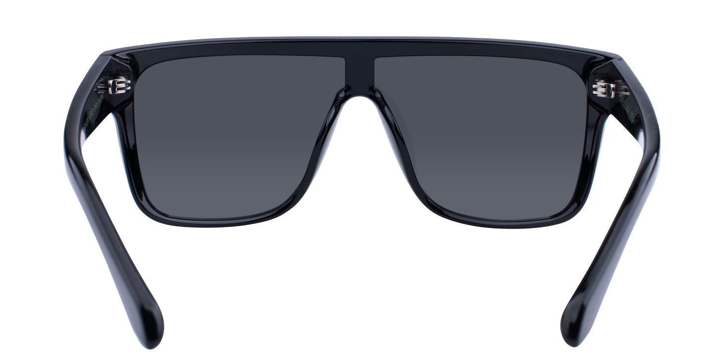 The Neven Eyewear 924 features black, oversized square frames in thick plastic with dark polarized UV400 lenses. Wide temples curve outwards, showing visible hinges where they meet the frame. Displayed from the back on a white background.
