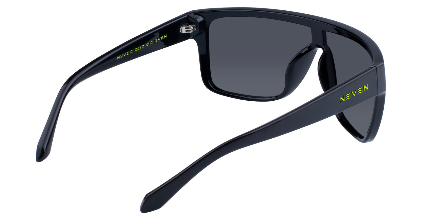Neven Eyewear 924 black sunglasses have thick, glossy frames with polarized UV400 protection. “NEVEN EYEWEAR” is in yellow inside the left arm, and the right arm shows the NEVEN brand in green and yellow.