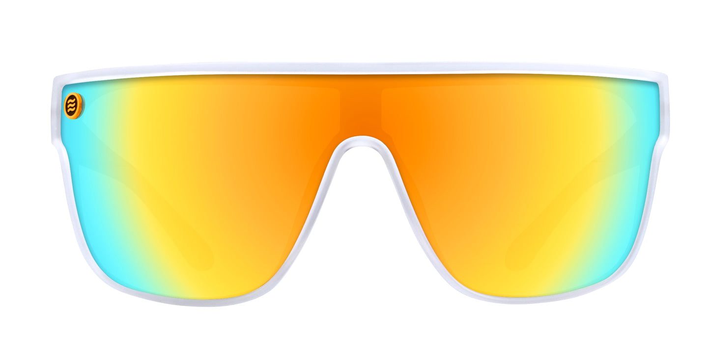 The Byron by Neven Eyewear features a sporty white frame and a single large, polarized UV400 lens with a yellow-orange to blue reflective gradient. A small circular Neven logo accents the left side.