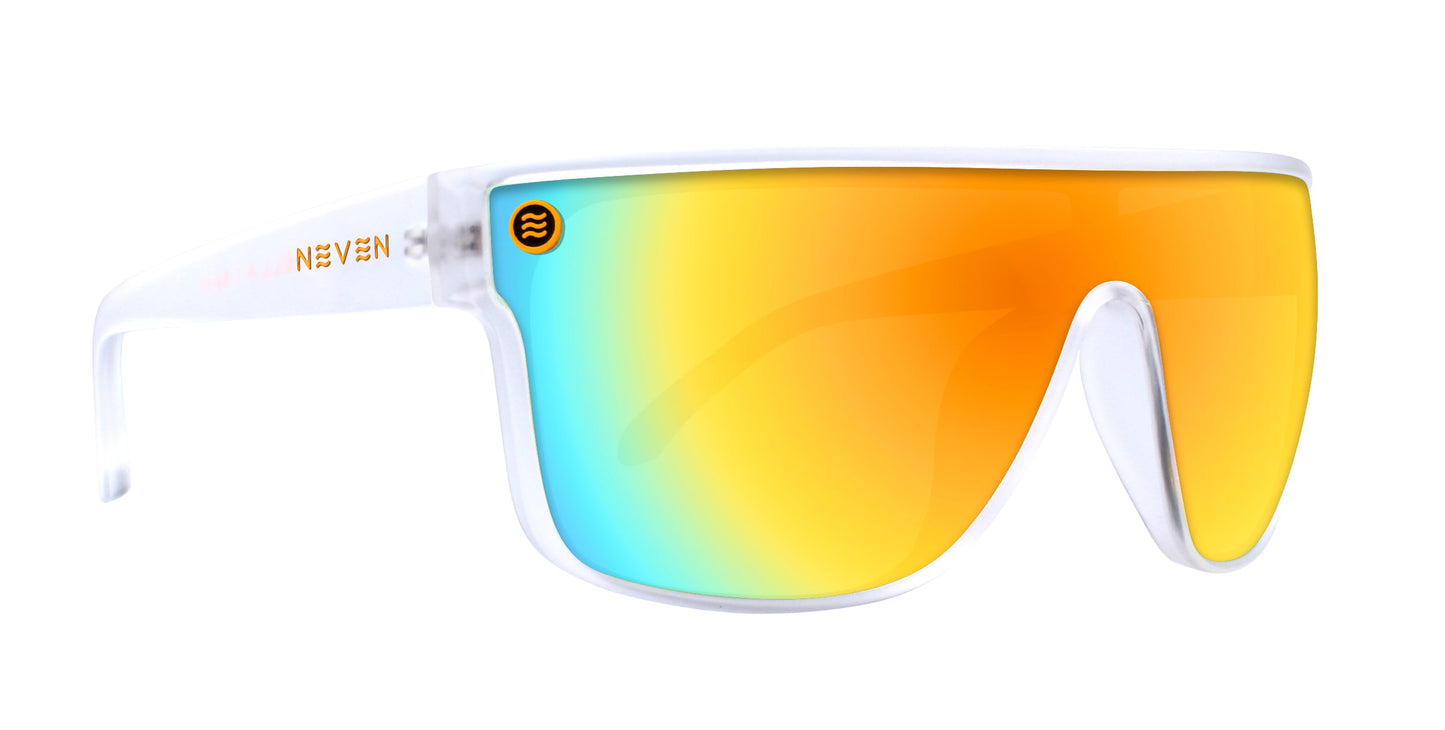 The Byron sunglasses by Neven Eyewear feature a single oversized shield lens in yellow, orange, and blue gradient with polarized UV400 protection, a translucent white frame, plus NEVEN’s logo and wavy emblem on the left temple.