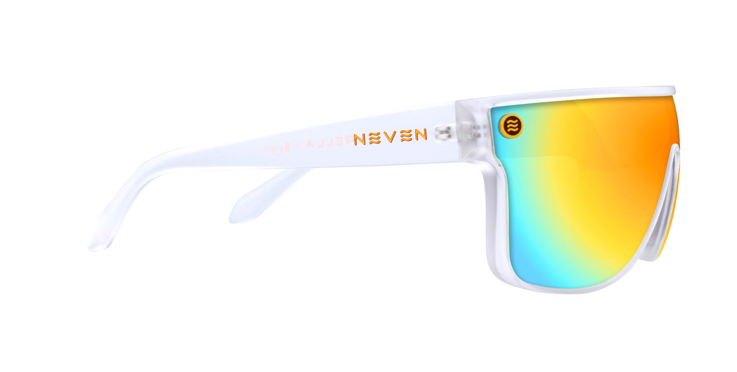 Side view of Neven Eyewear Byron sunglasses featuring a single wraparound yellow-blue mirrored lens and clear frame with NEVEN in gold. Polarized UV400 protection ensures clarity, with a small logo on the lens’s top left corner.