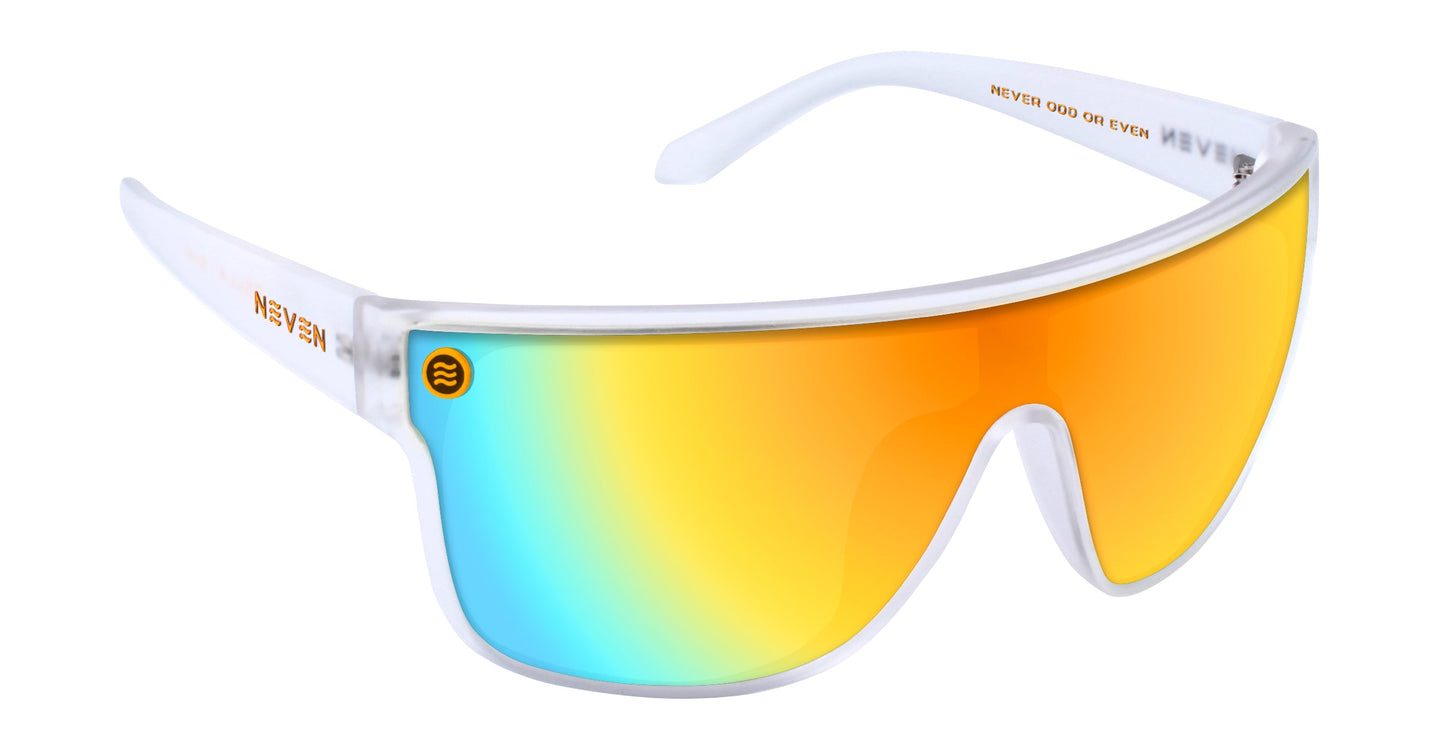 The Byron sunglasses by Neven Eyewear feature a single curved mirrored lens in gold and blue, polarized UV400 protection, a transparent white frame, gold NEVEN logo on the temple, and "NEVER ODD OR EVEN" inside the right arm.