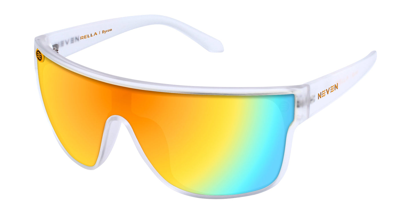 A pair of sleek Byron sunglasses by Neven Eyewear, featuring a white frame, single shield lens with yellow-orange to light blue gradient, polarized UV400 protection, and semi-transparent sides with NEVEN REVELLA branding.