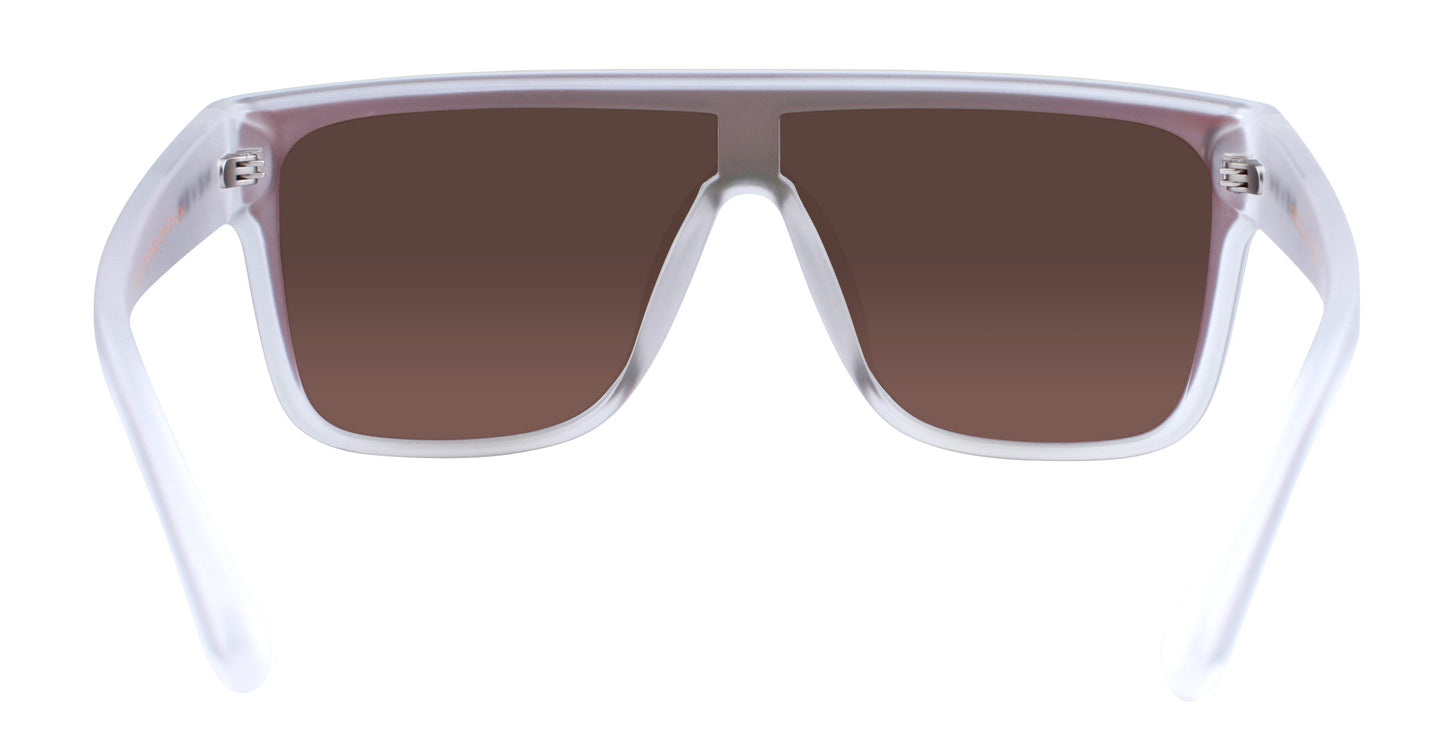 The Byron by Neven Eyewear features oversized, translucent white frames with wide arms and large rectangular brown lenses. These bold, modern sunglasses offer polarized UV400 protection for a sporty style.