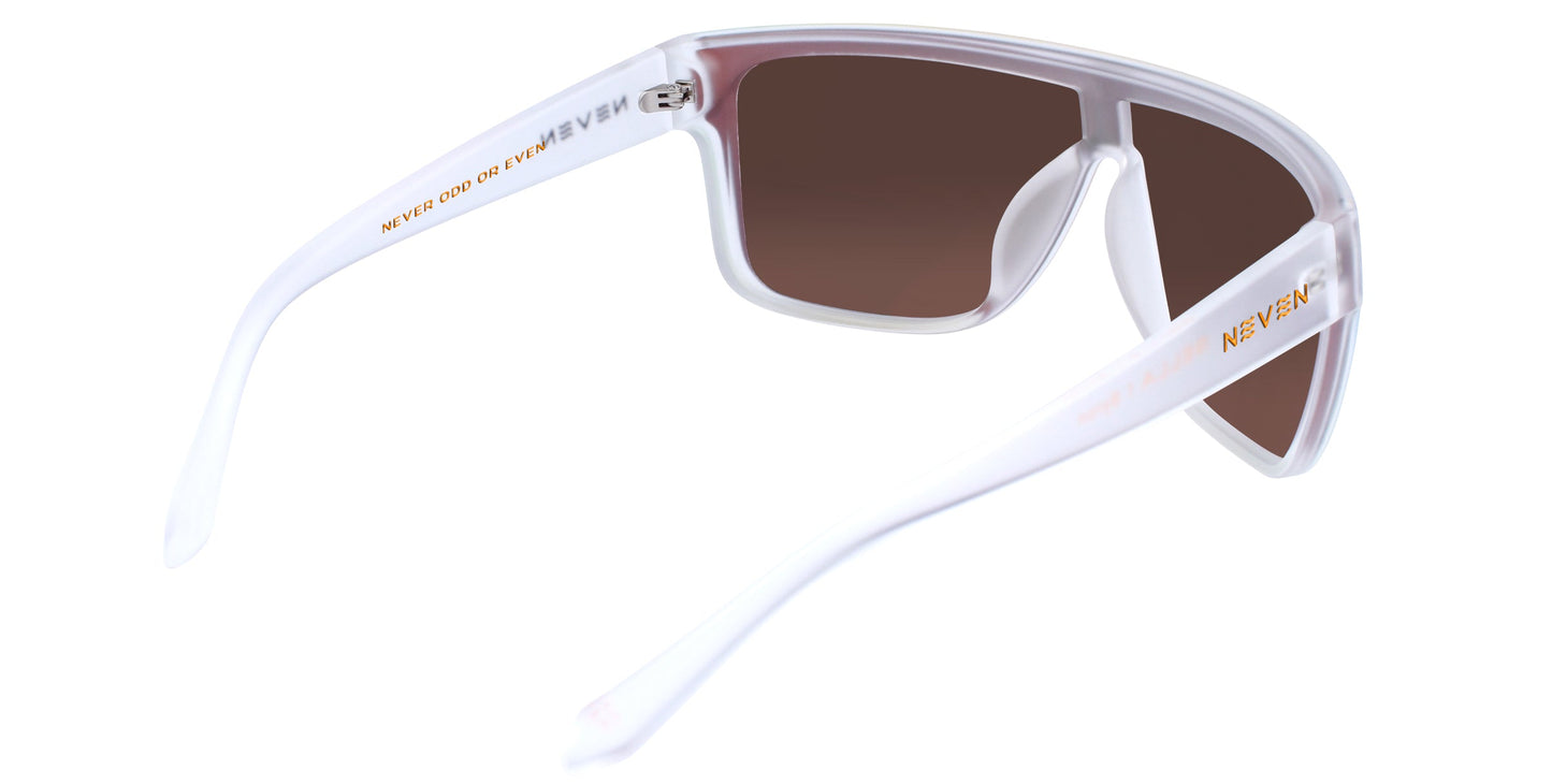 The Neven Eyewear Byron sunglasses feature transparent white frames, dark brown polarized UV400 lenses, and "NEVER END OF ERA!" in orange on the left arm—channeling a surf lifestyle vibe with stylish sun protection.