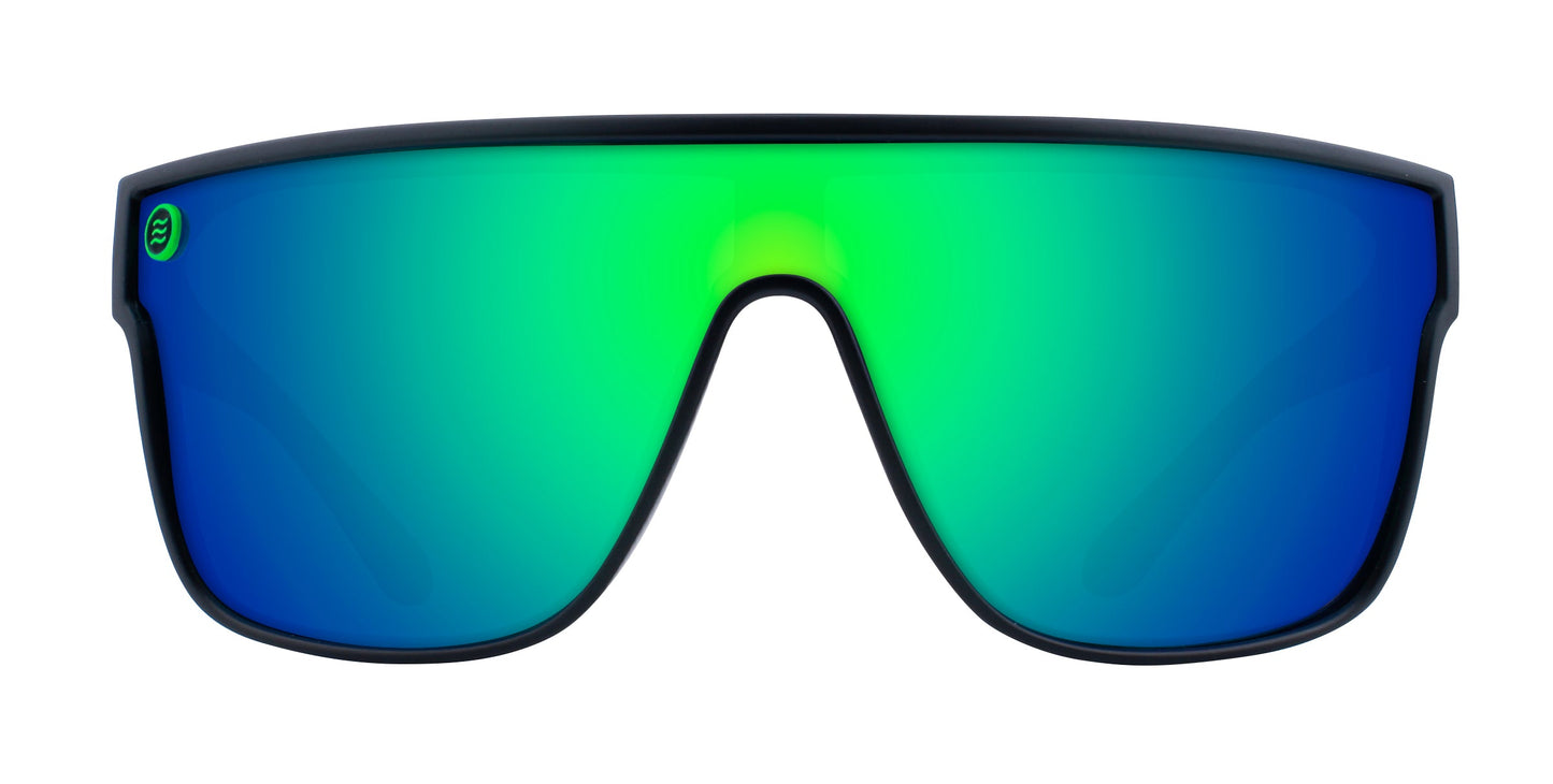 The Neven Eyewear Valley sunglasses feature a futuristic wraparound design with a single large green-to-blue gradient mirrored, impact-resistant lens and a black frame. A small round green logo appears in the top left corner. Shown on white background.