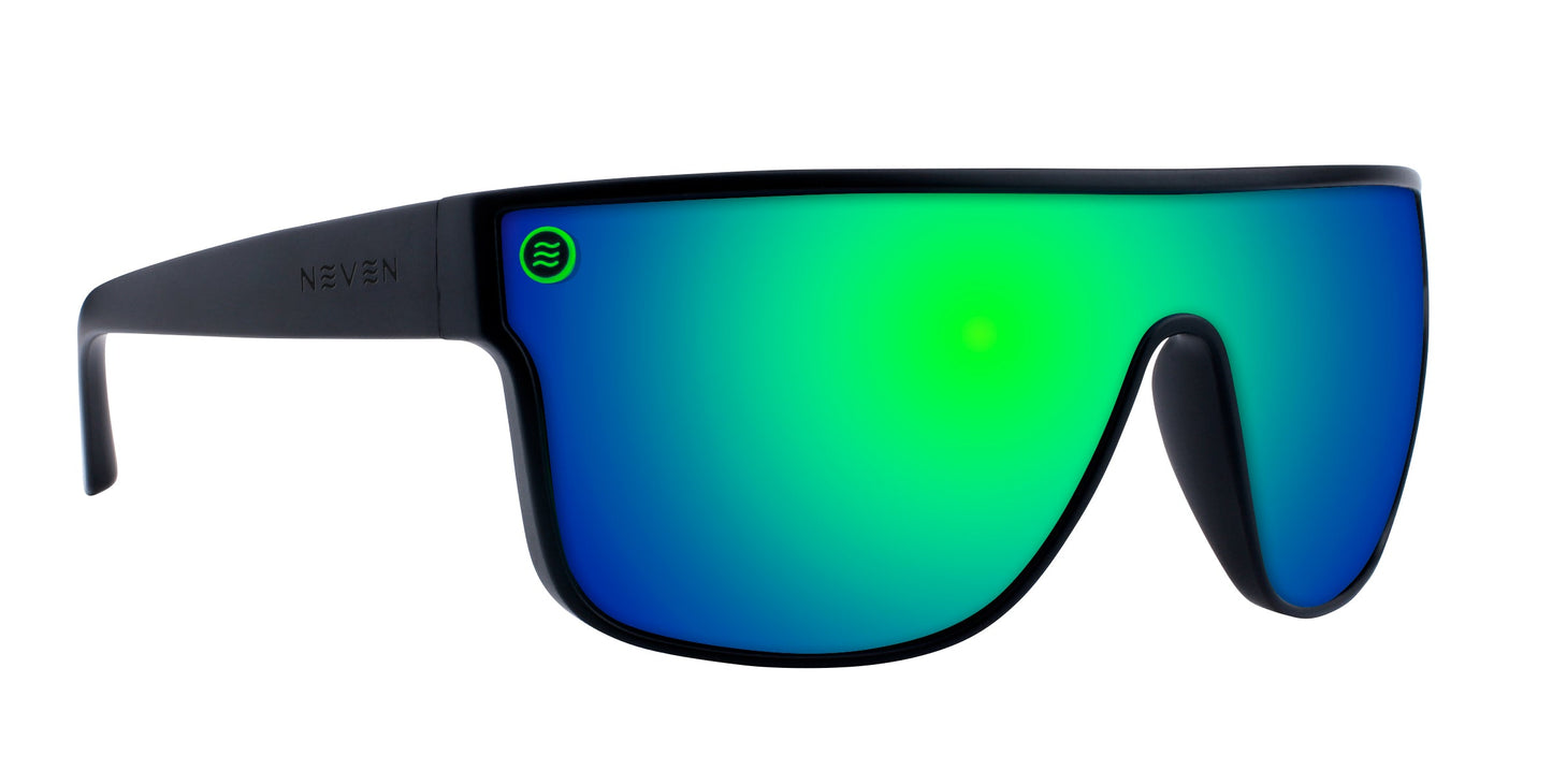 The Neven Eyewear Valley sunglasses feature an oversized, shield-style, impact-resistant black frame with green and blue reflective polarized lenses. UV400 protection. NEVEN marks the left temple; a green wave logo accents the top left corner. Plain white background.