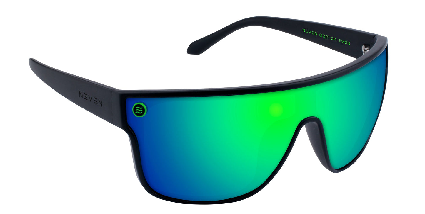 Valley by Neven Eyewear: Futuristic polarized sunglasses featuring a single green and blue mirrored shield lens with a black frame. UV400 impact-resistant, inscribed “NEVER ODD OR EVEN” in green inside, with a wave icon on the lens.