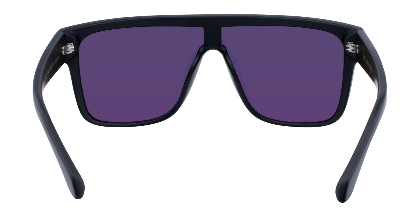 The Valley sunglasses by Neven Eyewear showcase a bold, modern style with black oversized frames, wide rectangular purple-tinted impact-resistant lenses, and thick, angular arms that curve downward for a statement look.