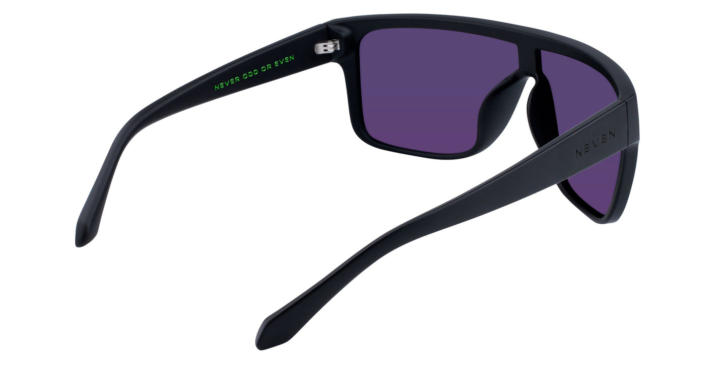 The Neven Eyewear Valley sunglasses feature black frames with purple-tinted polarized lenses, viewed from a rear diagonal angle. Green text appears inside one arm, while "NEVEN" is engraved by the hinge on the outer arm. Modern, slightly angular style.