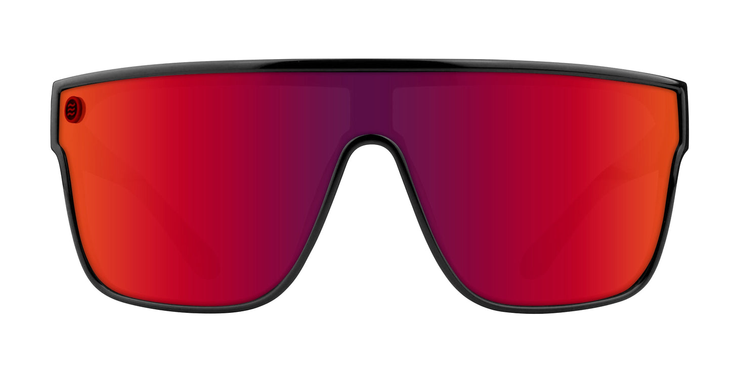 Neven Eyewear's Well Done sunglasses feature a sleek single-lens design with a thin black border, gradient lens—dark purple to bright red—and UV400 protection for sporty style and eye safety.