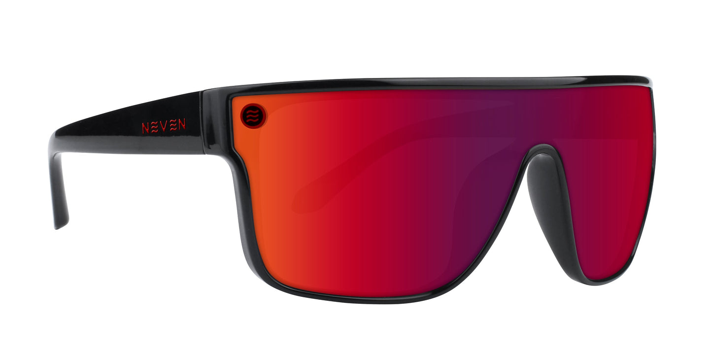 Neven Eyewear’s Well Done sunglasses feature a black wraparound frame with “NEVEN” in red on the temple, a circular red logo on the lens, and a mirrored red-orange polarized, impact-resistant lens.