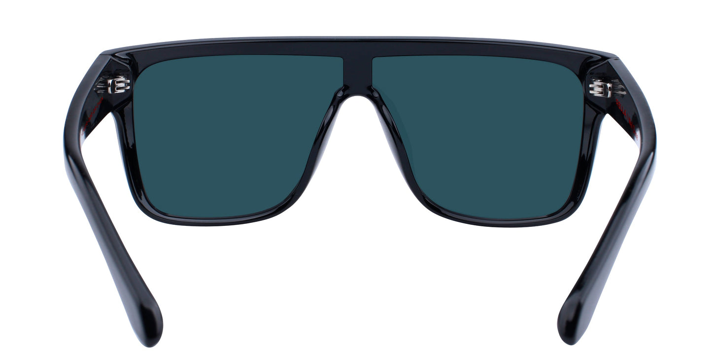 Front view of Neven Eyewear Well Done sunglasses with large, black, square-shaped frames. Features thick temples, impact-resistant blue-green polarized lenses. Background is plain white.