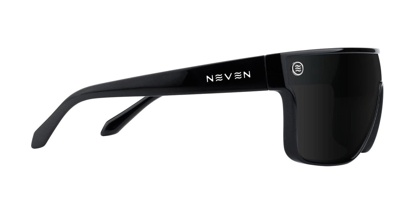 A pair of black wraparound Neven Eyewear Wire sunglasses with thick, glossy frames, wide arms featuring the white brand name, and polarized UV400 impact-resistant lenses for glare reduction and eye protection.