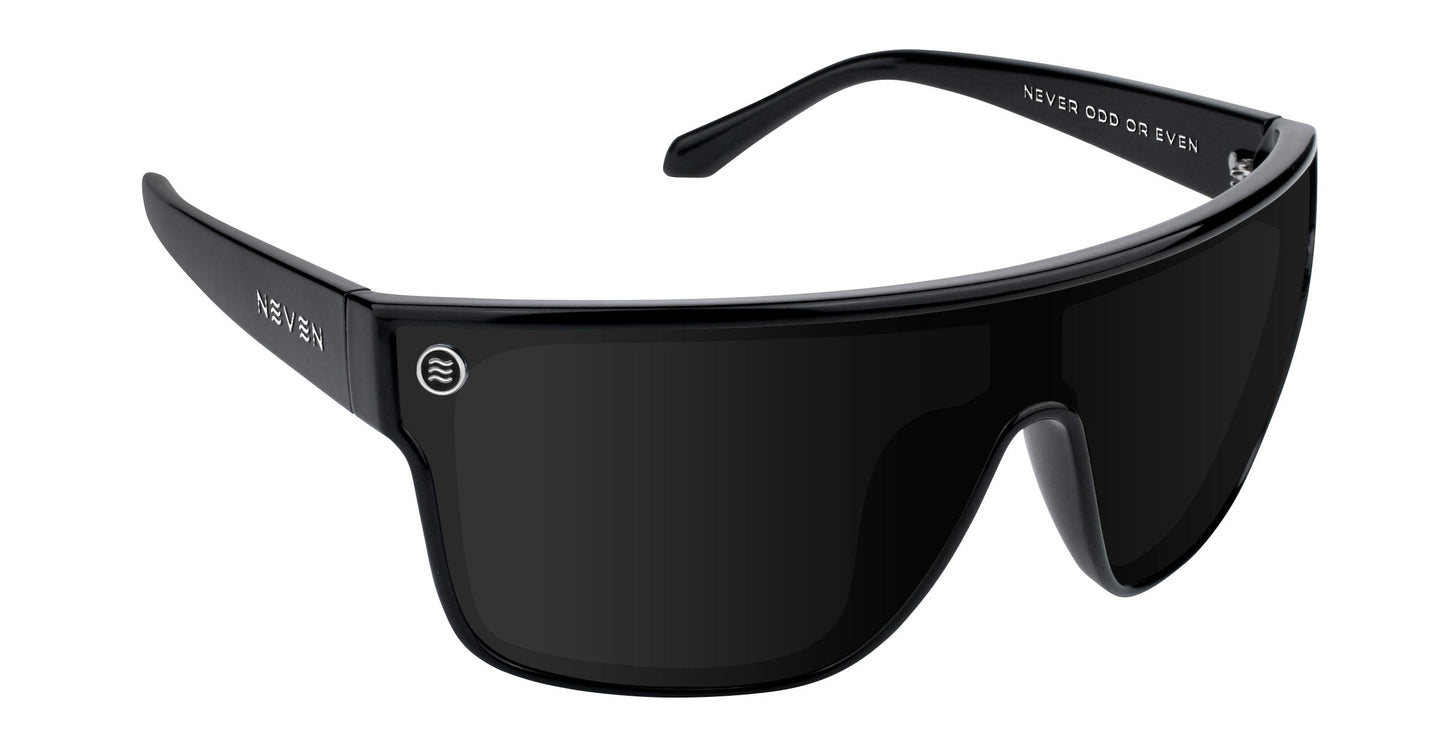 Wire by Neven Eyewear are black wraparound sunglasses with a glossy frame, dark lenses, a circular wave logo on the arm, polarized UV400 protection, and “NEVER ODD OR EVEN” printed in white inside.