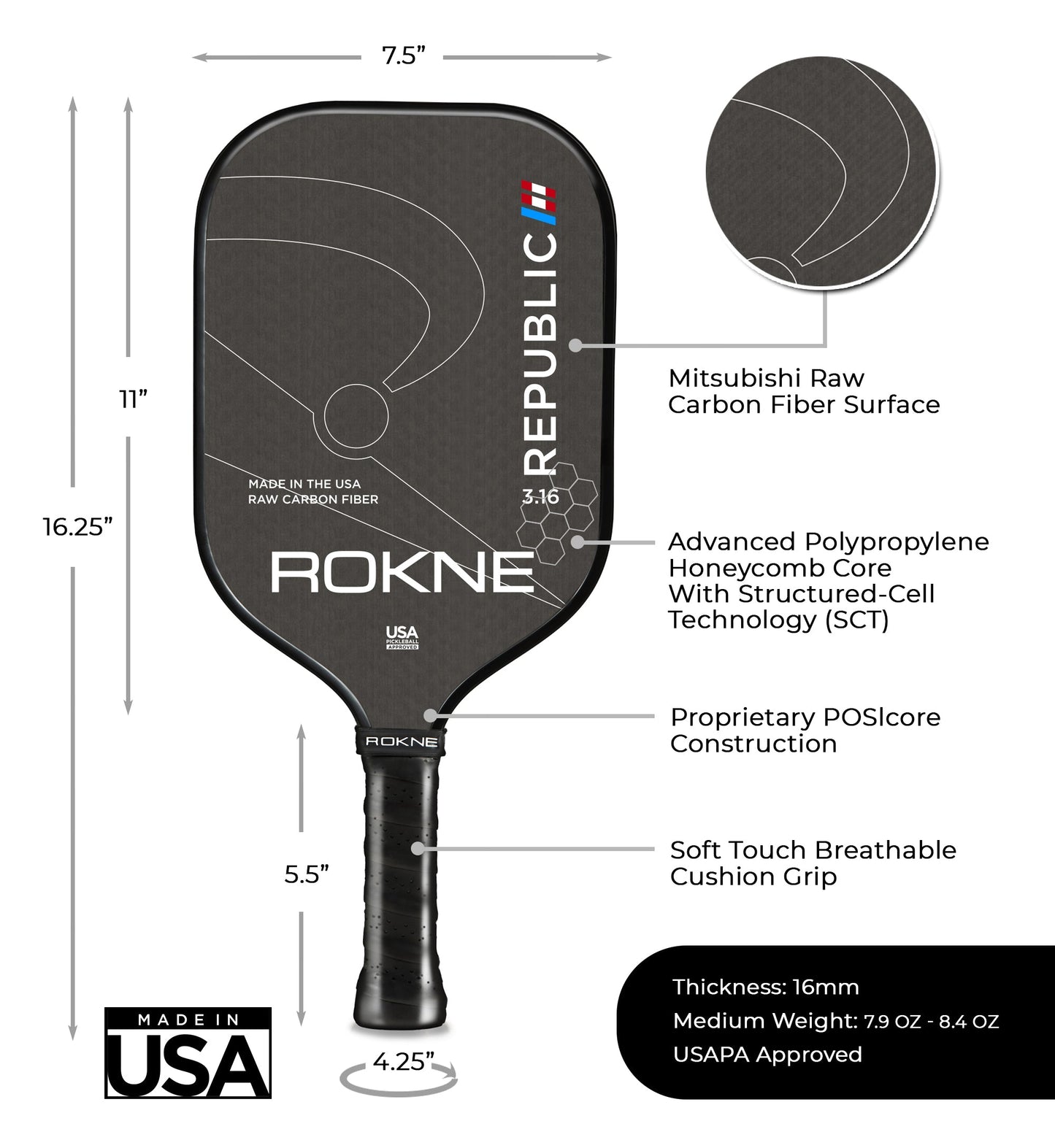 The ROKNE REPUBLIC 3.16 RAW CARBON FIBER pickleball paddle is black, USAPA approved, features Structured-Cell Technology, POSICore Construction, 16mm polypropylene honeycomb core, soft grip; 16.25" x 7.5".