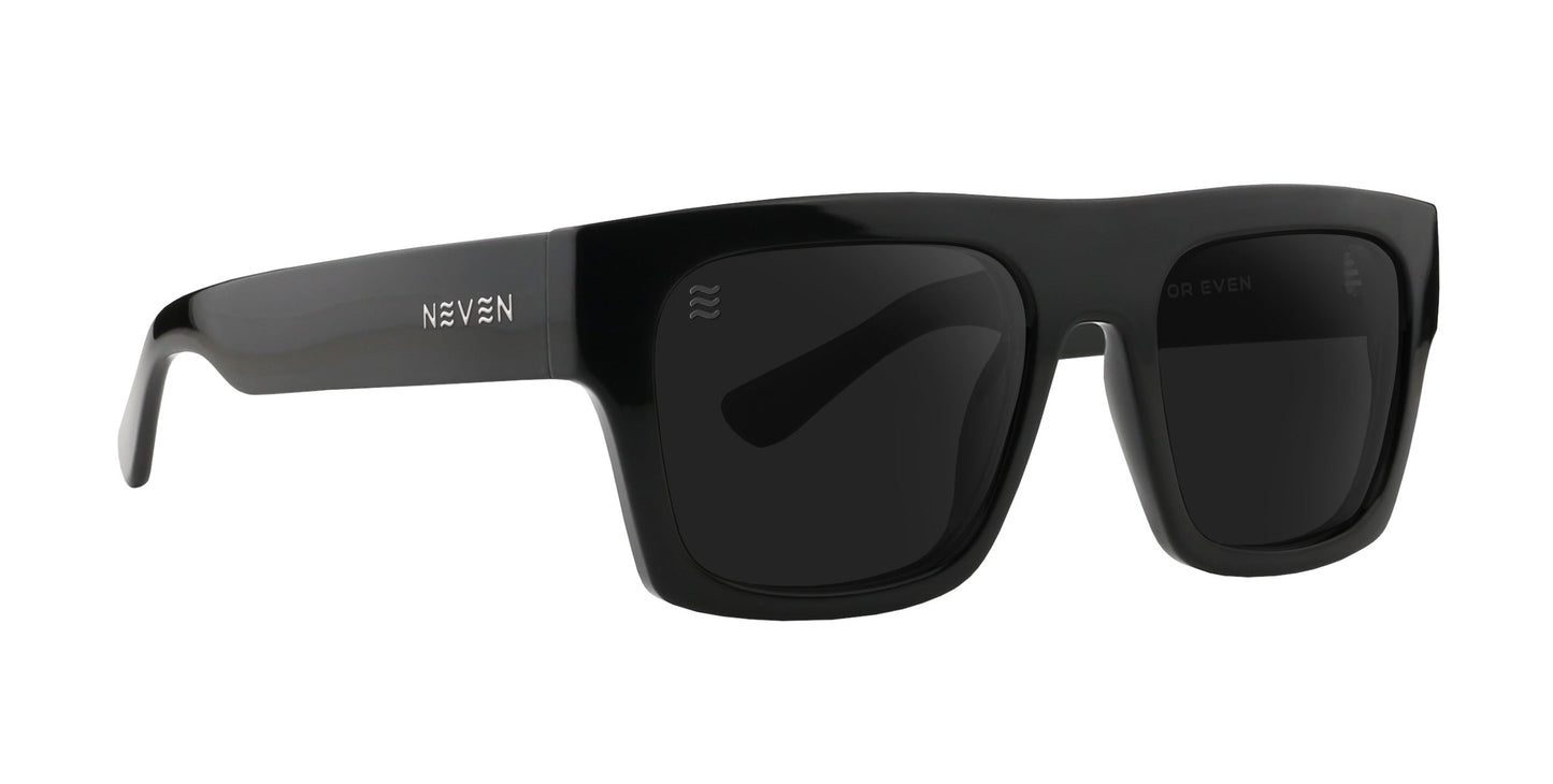 The Royce by Neven Eyewear are black rectangular sunglasses with thick, glossy frames and dark tinted UV400 lenses. The NEVEN logo appears in white near the left hinge. Their modern, minimalist look stands out on a white background.
