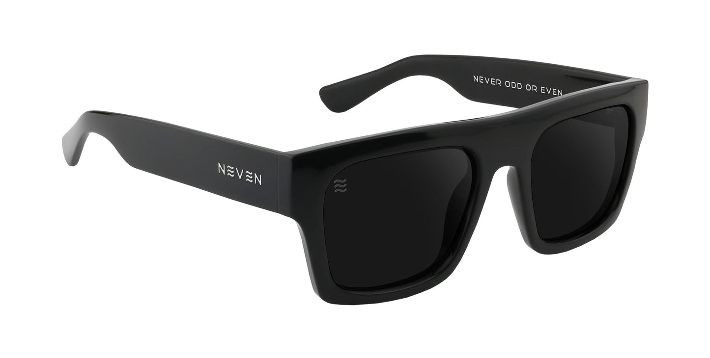 The Royce by Neven Eyewear are black rectangular polarized sunglasses with thick frames and dark lenses. NEVEN appears in white on the arm, NEVER ODD OR EVEN inside. Modern and bold, they offer UV400 protection for confident, all-day wear.