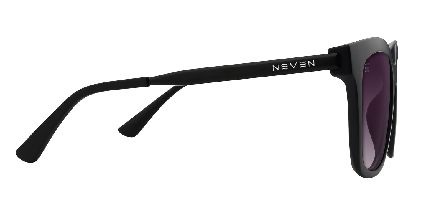 Side view of Lido sunglasses by Neven Eyewear featuring matte black frames, dark purple-tinted polarized UV400 lenses, and NEVEN in white on the temple. Slightly curved earpieces offer comfort. Background is plain white.