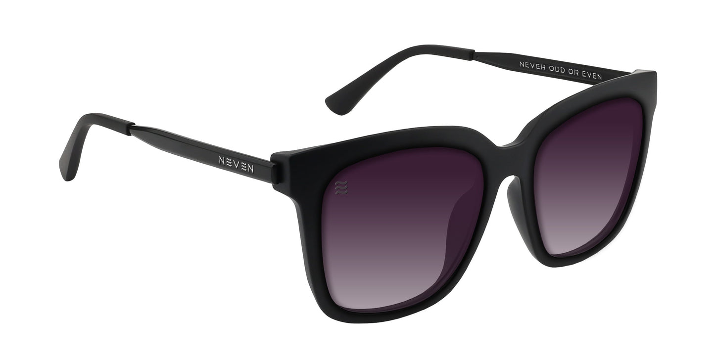 The Neven Eyewear Lido sunglasses feature square matte black frames, dark gradient polarized UV400 lenses, and straight arms with “NEVER ODD OR EVEN” printed in white inside the right arm.