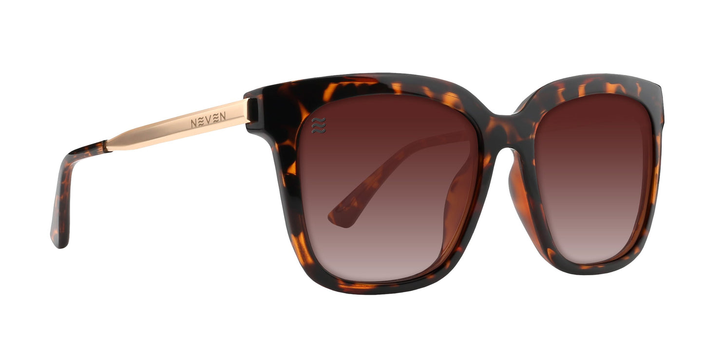 The Sarasota by Neven Eyewear features stylish, large square brown polarized lenses, a dark tortoise shell frame with gold NEVEN-engraved arms, UV400 protection, and a white wavy logo on the left lens.