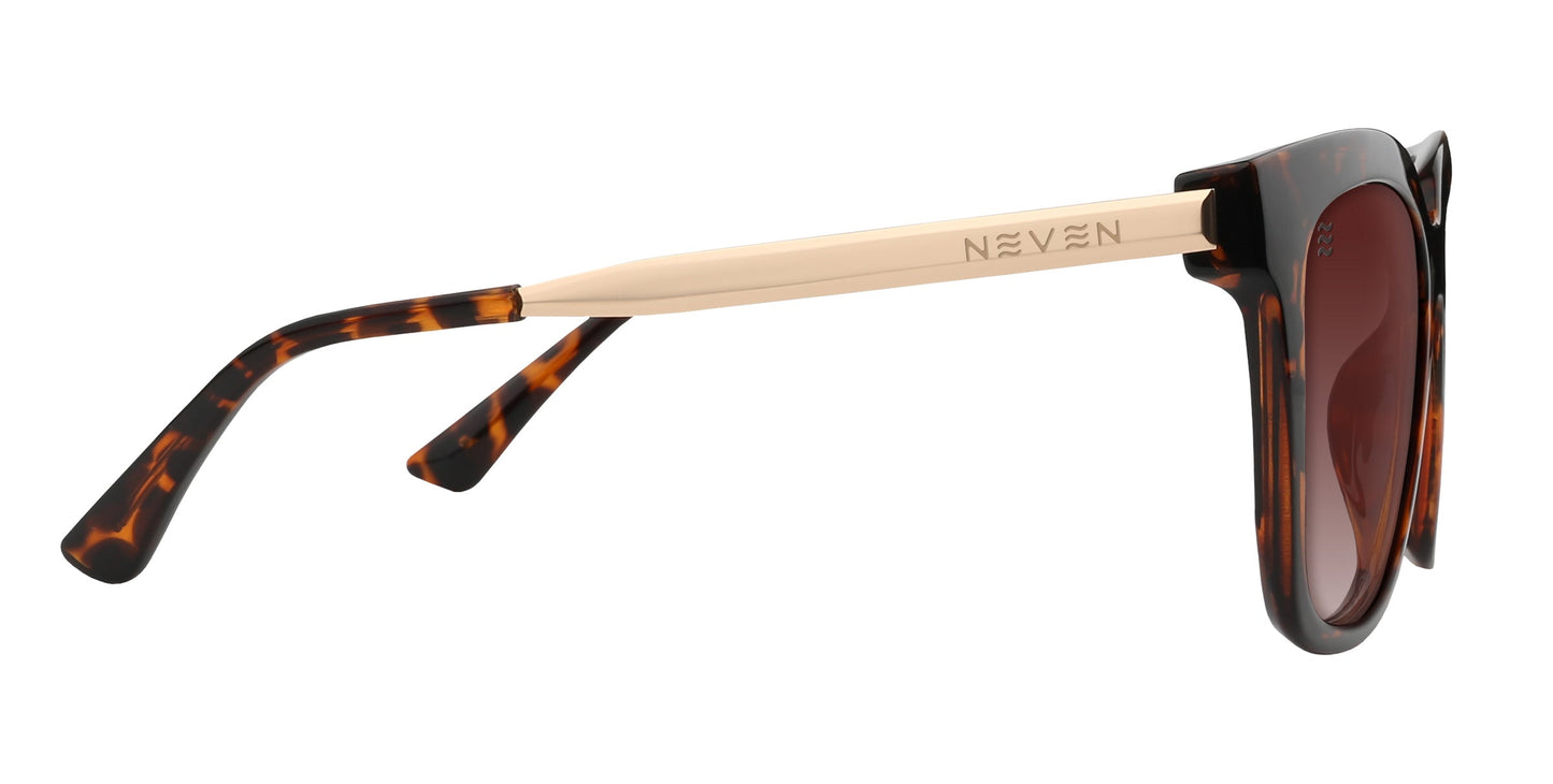 Side view of the Sarasota sunglasses by Neven Eyewear featuring a tortoise shell frame and arms, beige metallic bridge, brown-tinted UV400 lenses, and “NEVEN” engraved on the beige arm.