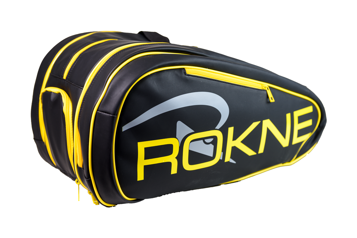The ROKNE TOURNAMENT BAG is a black and yellow vegan leather pickleball bag with spacious zippered compartments, a ventilated shoe section, large yellow ROKNE branding, and a gray logo for style and convenience.