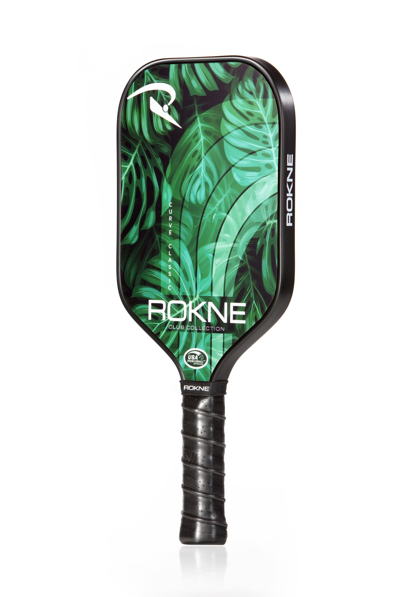 A ROKNE CURVE CLASSIC ORIGINAL pickleball paddle with a green tropical leaf design, PROGrit textured fiberglass face, white branding, and a black grip-taped handle is shown upright against a white background.