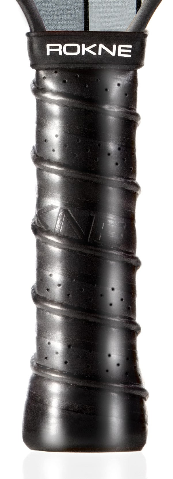 Close-up of the ROKNE REPLACEMENT GRIP by ROKNE, showing its black, textured cushioned handle with spiral grip lines and perforated holes. "ROKNE replacement grip" is printed in white on a black band near the top against a white background.