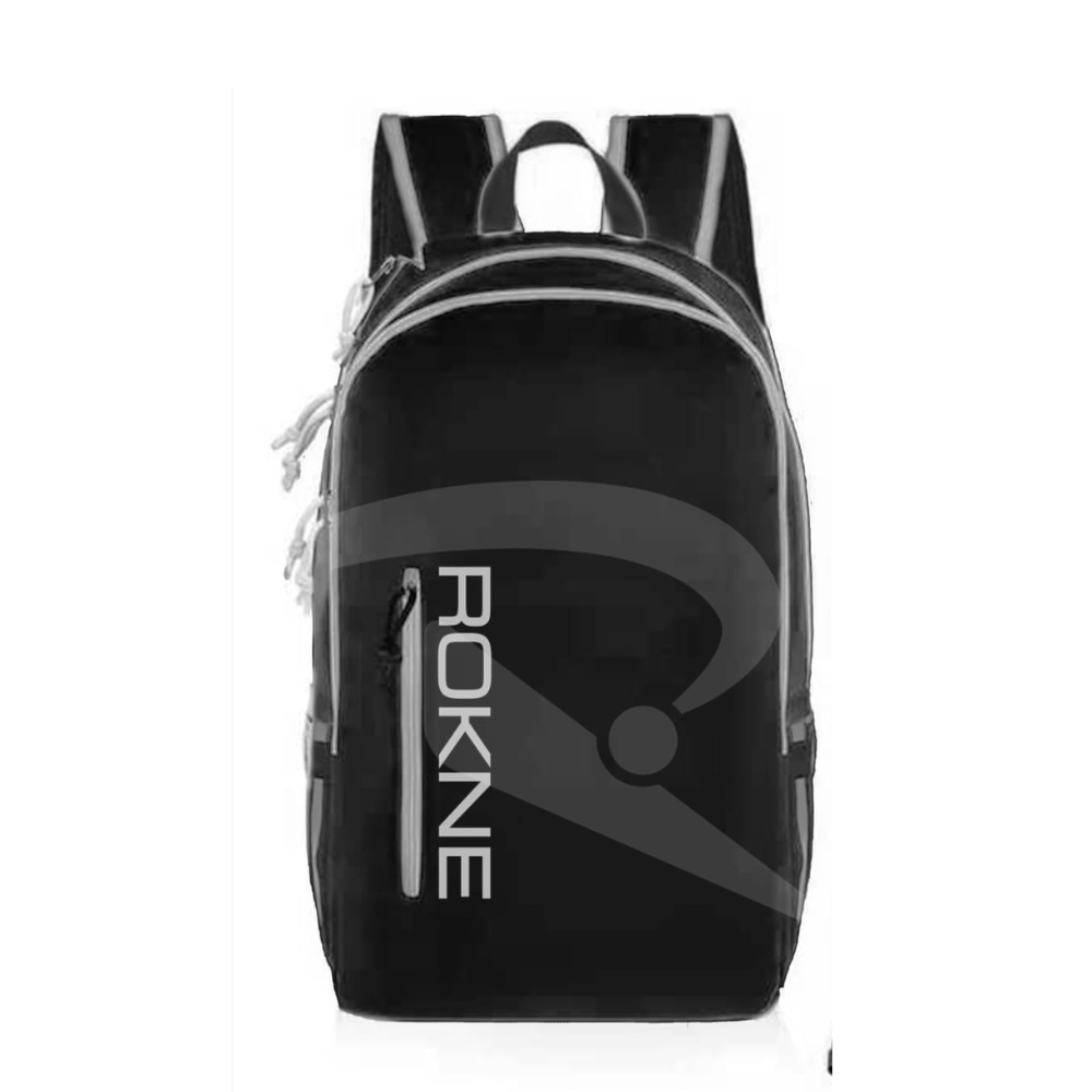 The ROKNE BACKPACK is a heavy-duty nylon pickleball bag with two zip compartments, a front vertical zipper pocket, adjustable shoulder straps, dedicated paddle storage, and "ROKNE" in bold white letters with a curved graphic on the front.