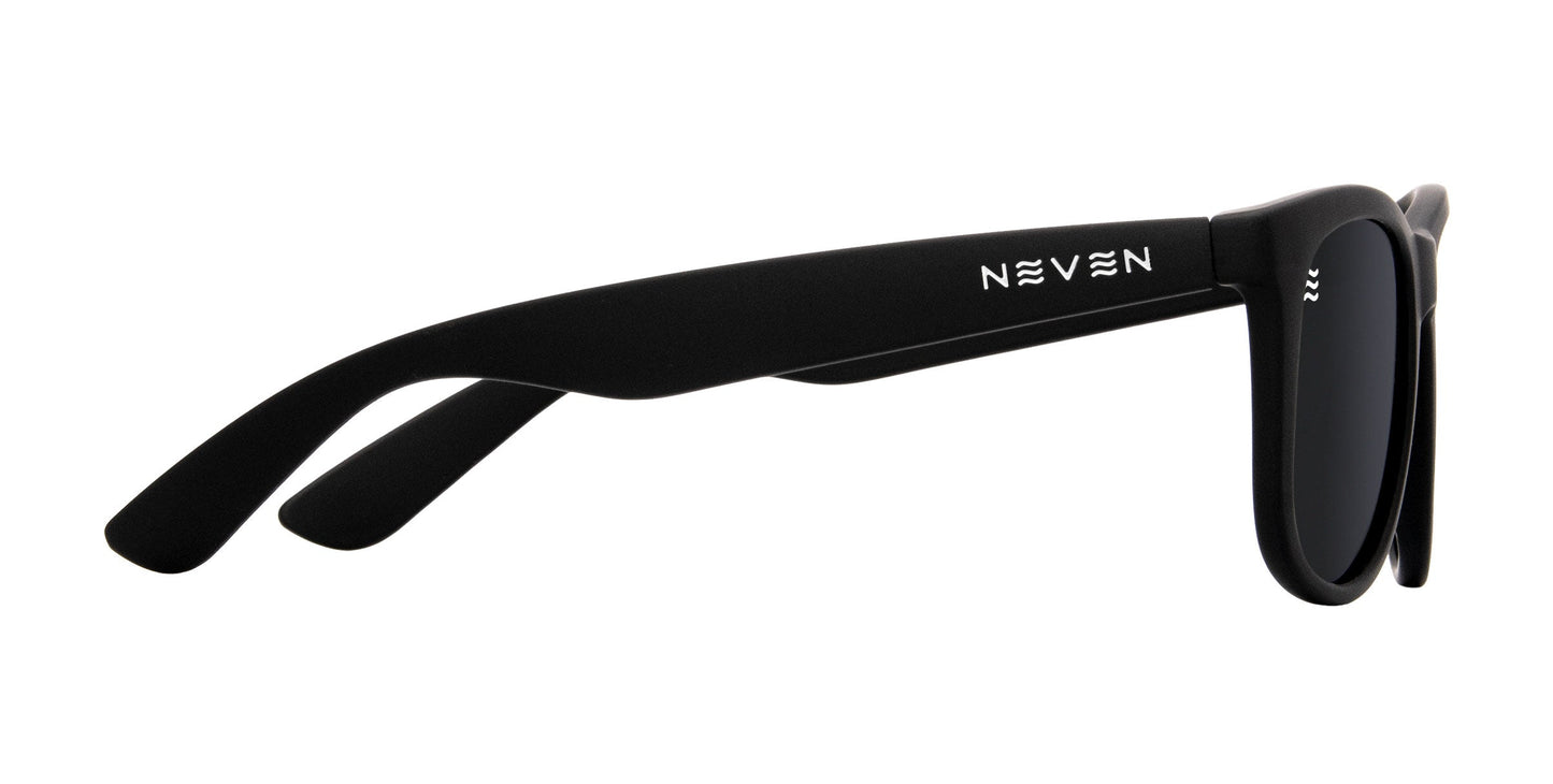 The Classic by Neven Eyewear are matte black polarized sunglasses with round dark lenses, TR90 frames, and thick arms displaying the NEVEN logo in white—combining modern style and lasting comfort.
