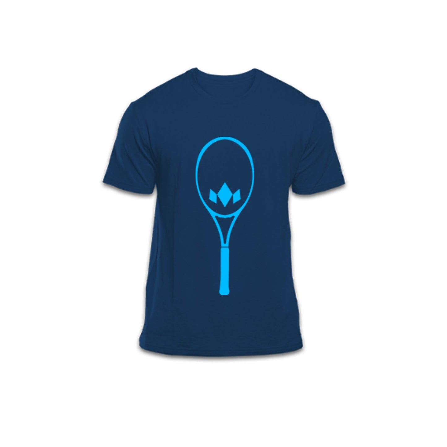 The Diadem Sports Limited Edition Graphic Racket T-Shirt in navy blue features a bold, light blue geometric racket design with an M shape and is shown on a plain white background.