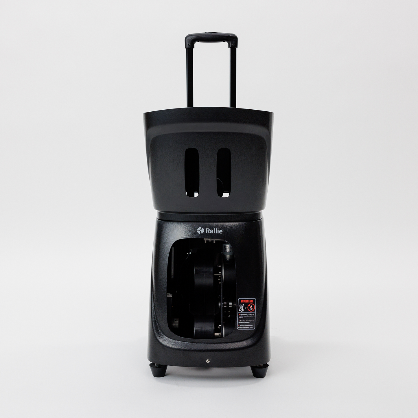 The Rallie Pickleball Machine - Midnight Black by Rallie Pickleball is a black, wheeled suitcase with a retractable handle and open compartment displaying its internal mechanics, designed for efficient pickleball training.