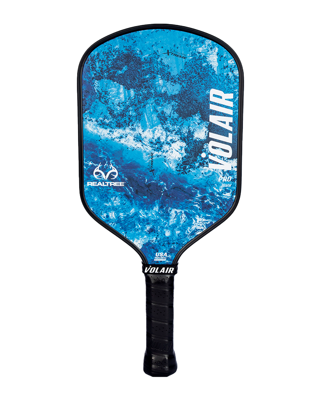 The Volair Pickleball RealTree Pro 1 16mm features a USA Pickleball-approved fiberglass face in blue, white, and black marbled design with logos for “VOLAIR,” “REALTREE,” and “PRO” plus a comfortable black grip.