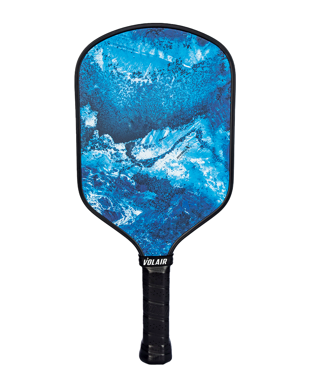 The Volair Pickleball RealTree Pro 1 16mm paddle features a black grip and frame, a fiberglass face with an abstract blue and white wave design, and “VOLAIR” printed in white on the neck above the handle. USAP approved.