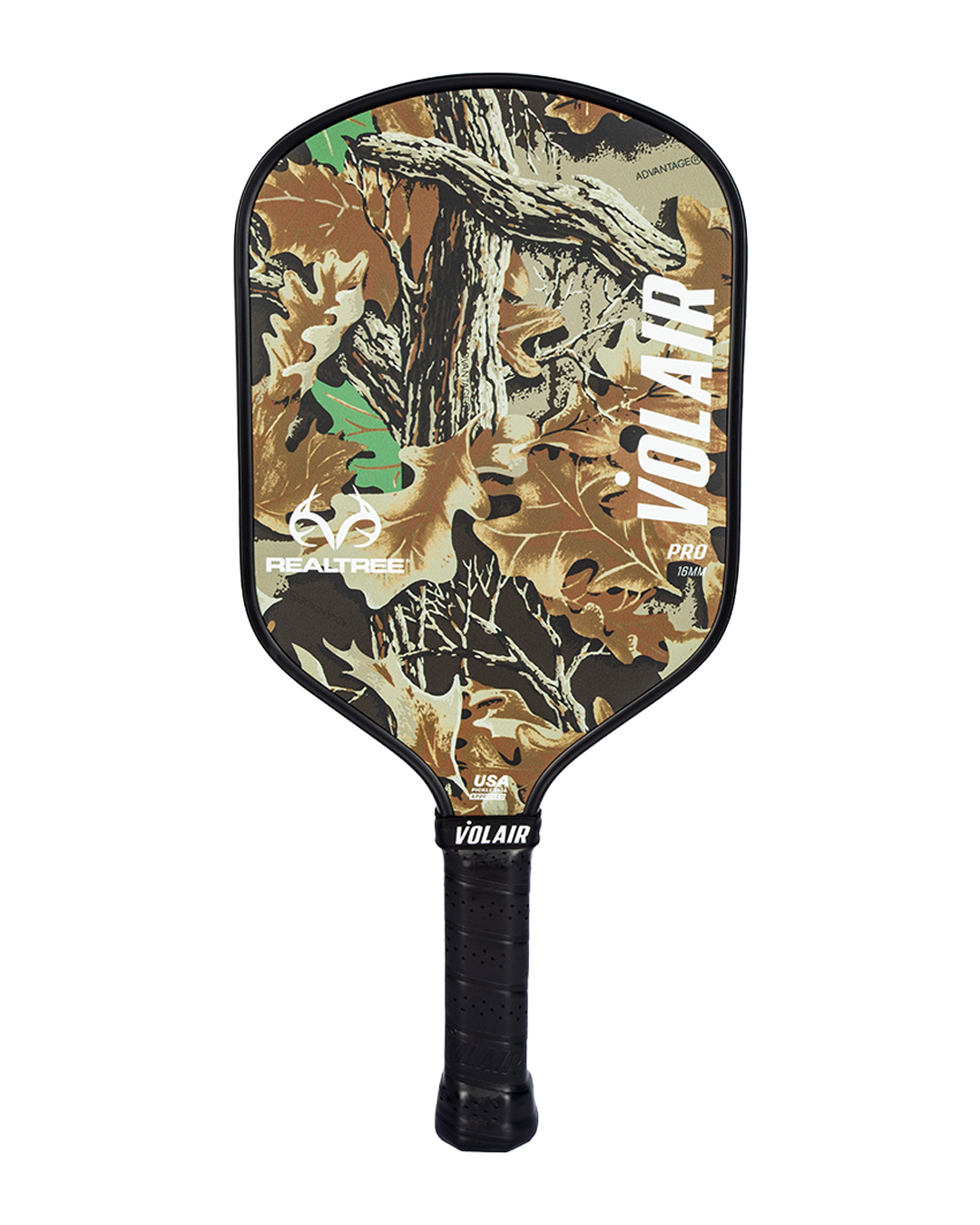 The Volair Pickleball RealTree Pro 1 16mm paddle is USAP-approved, with a black frame, brown/green/tan camouflage fiberglass face bearing white REALTREE and VOLAIR logos plus deer graphic, and a black textured grip handle.