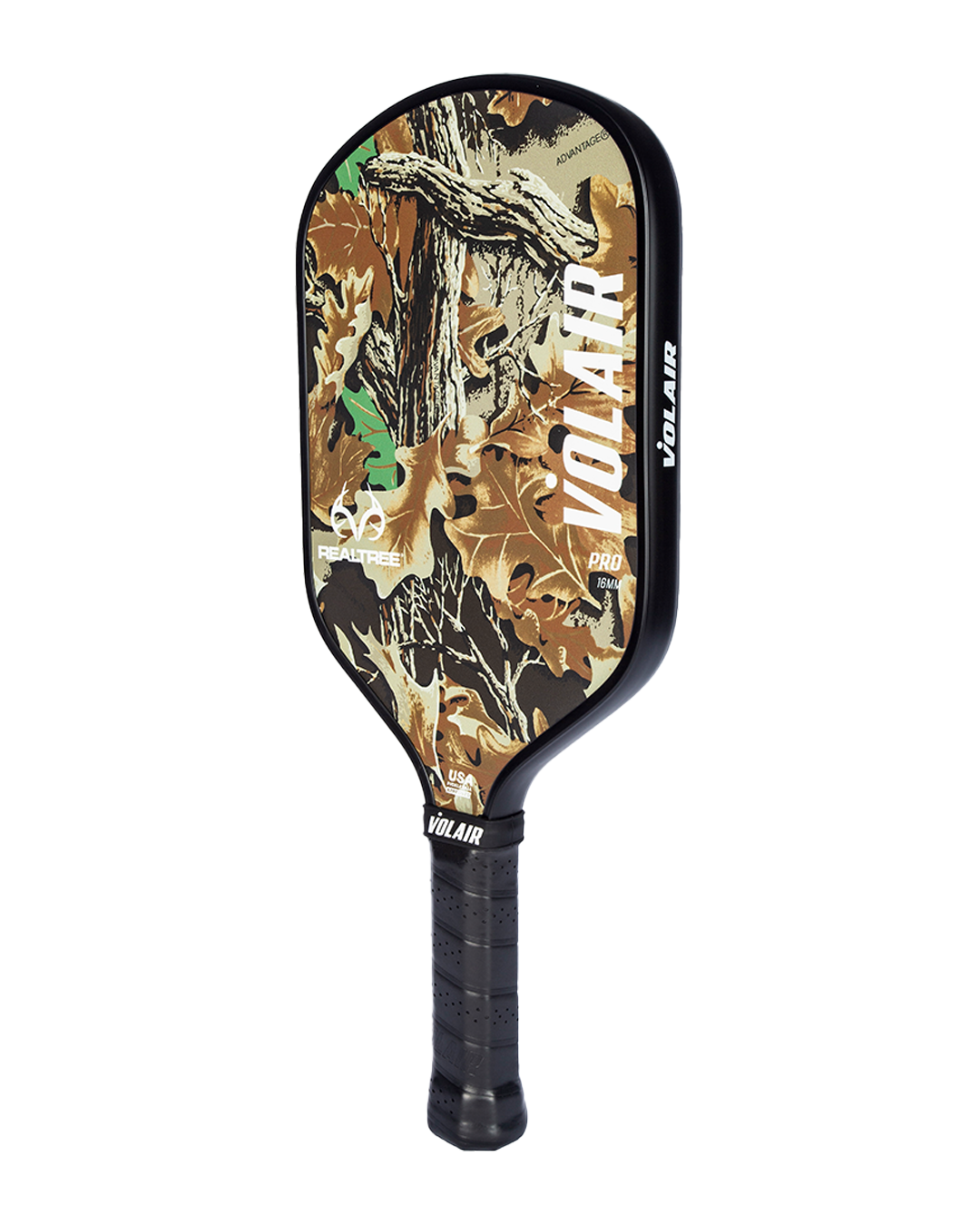 The Volair Pickleball RealTree Pro 1 16mm paddle features a camo tree and leaf design, bold white “VOLAIR” text, black grip, fiberglass face, plus additional logos and text on the face and side. USAP approved.