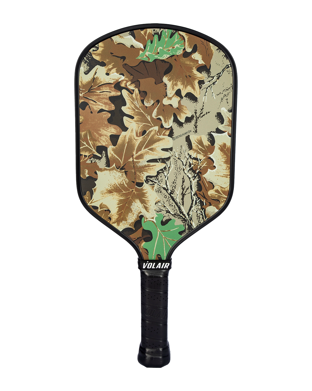 The Volair Pickleball RealTree Pro 1 16mm paddle features a USAP-approved design, black handle, and camouflage face with brown, tan, green, and black oak leaves. "VOLAIR" is printed in white near the base of the fiberglass face.