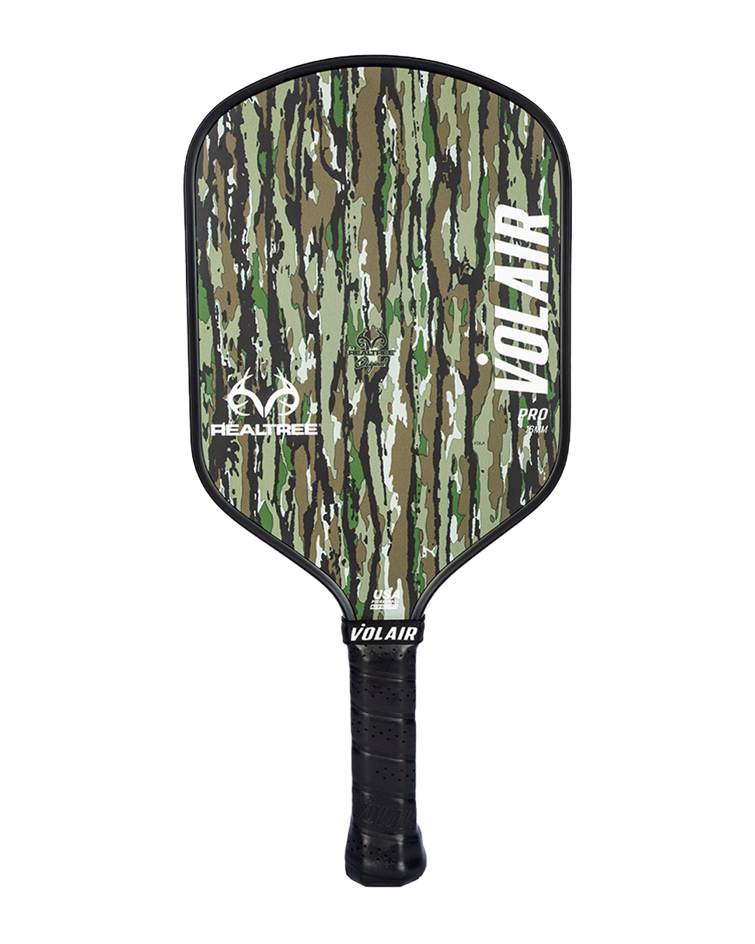 The RealTree Pro 1 16mm Pickleball Paddle by Volair Pickleball features a green, brown, black, and white camo design with “REALTREE” and “VOLAIR” logos, a fiberglass face, black grip with “VOLAIR,” and "PRO" on the lower right.