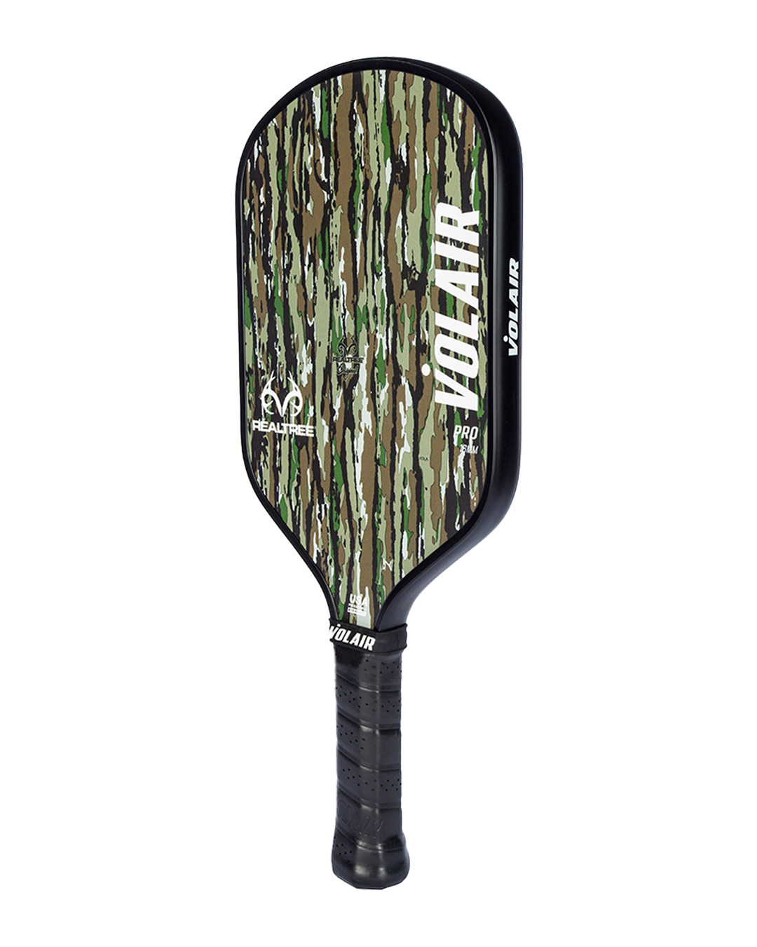 The Volair Pickleball RealTree Pro 1 16mm Paddle features a green, brown, black, and tan camo pattern with a bold white “VOLAIR” logo. EVP, REALTREE, and PPC logos accent its custom black textured grip handle. USAP-approved.