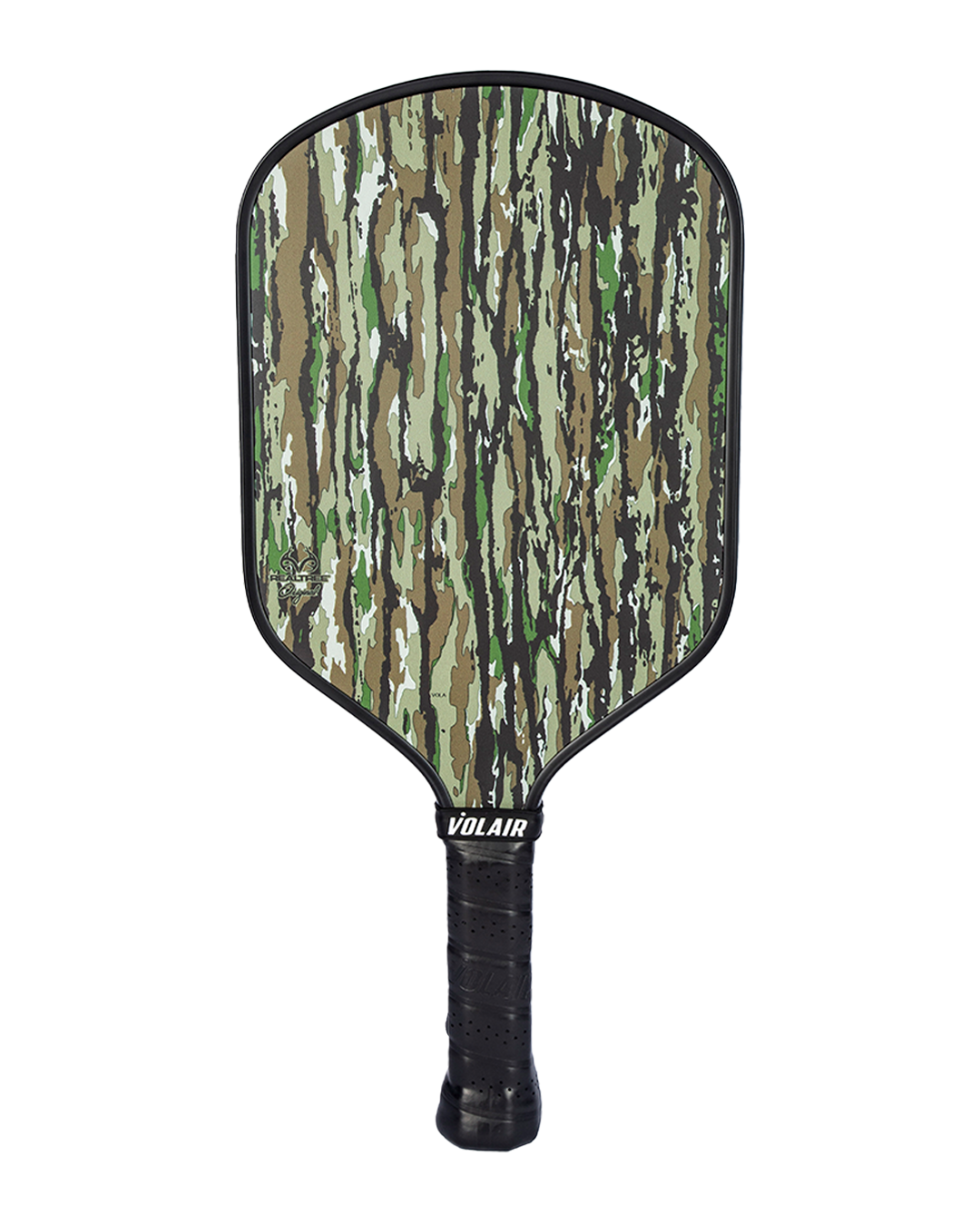 The Volair Pickleball RealTree Pro 1 16mm paddle features a green, brown, tan, and black camo fiberglass face, a rectangular shape, and a black grip-wrapped handle. “VOLAIR” appears above the handle. USAP approved for style and durability.