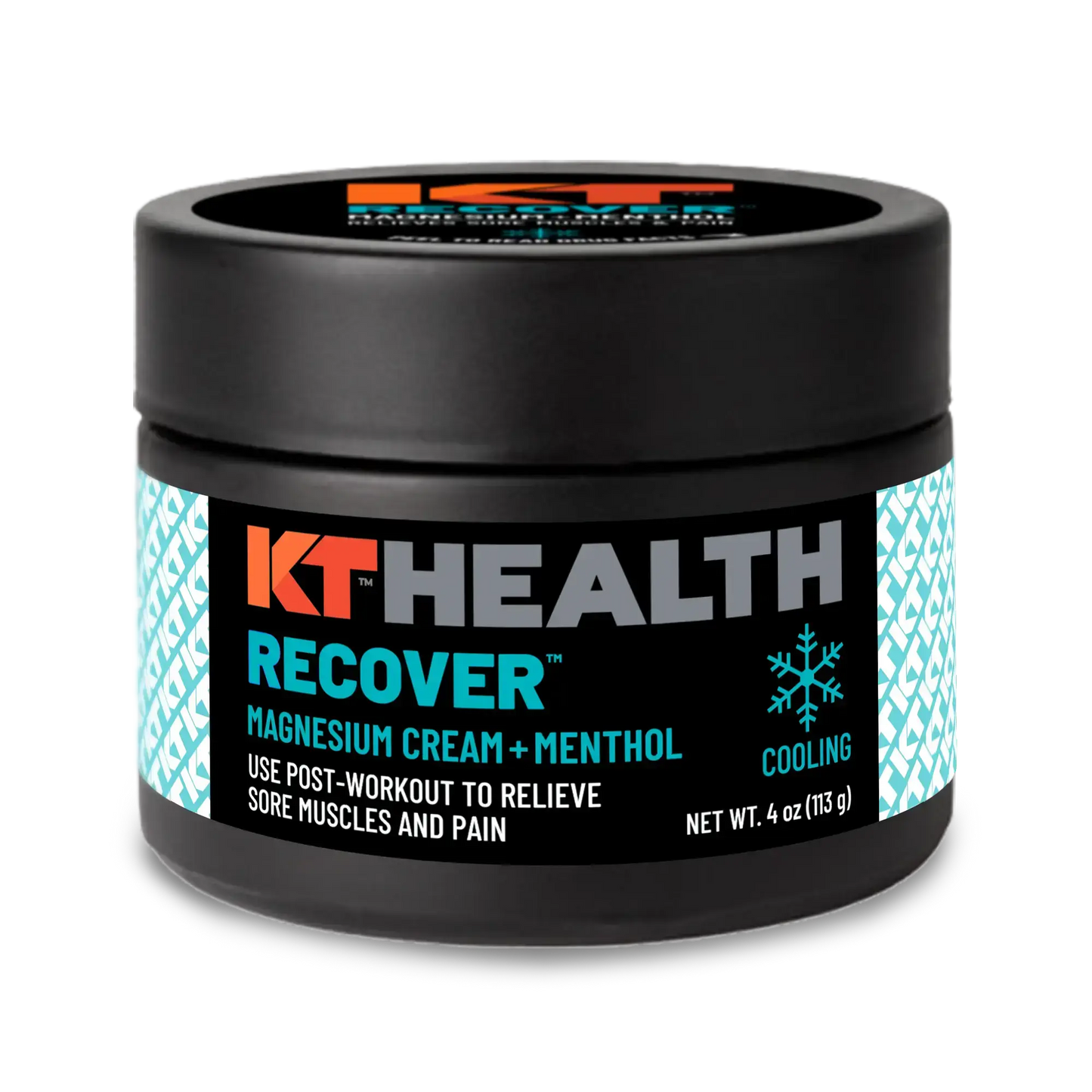 A black 4 oz (113 g) jar of KT Tape KT Health Magnesium Creams features blue and white accents with a snowflake icon, offering cooling post-workout muscle relief and pain recovery.
