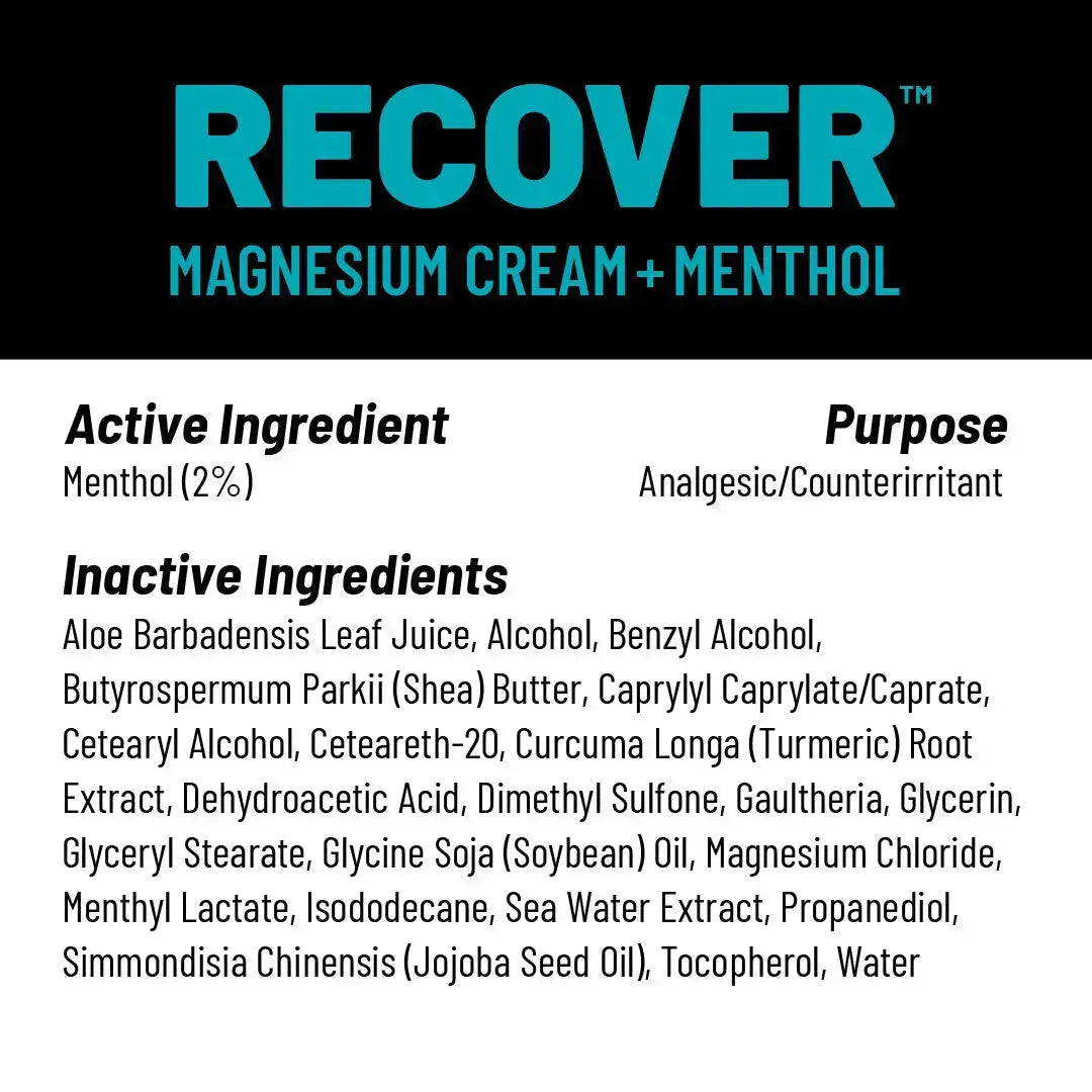 The image shows the KT Tape KT Health Magnesium Creams label, highlighting menthol (2%) as the active analgesic/counterirritant. The cream’s inactive ingredients are listed below in black text on a white background.