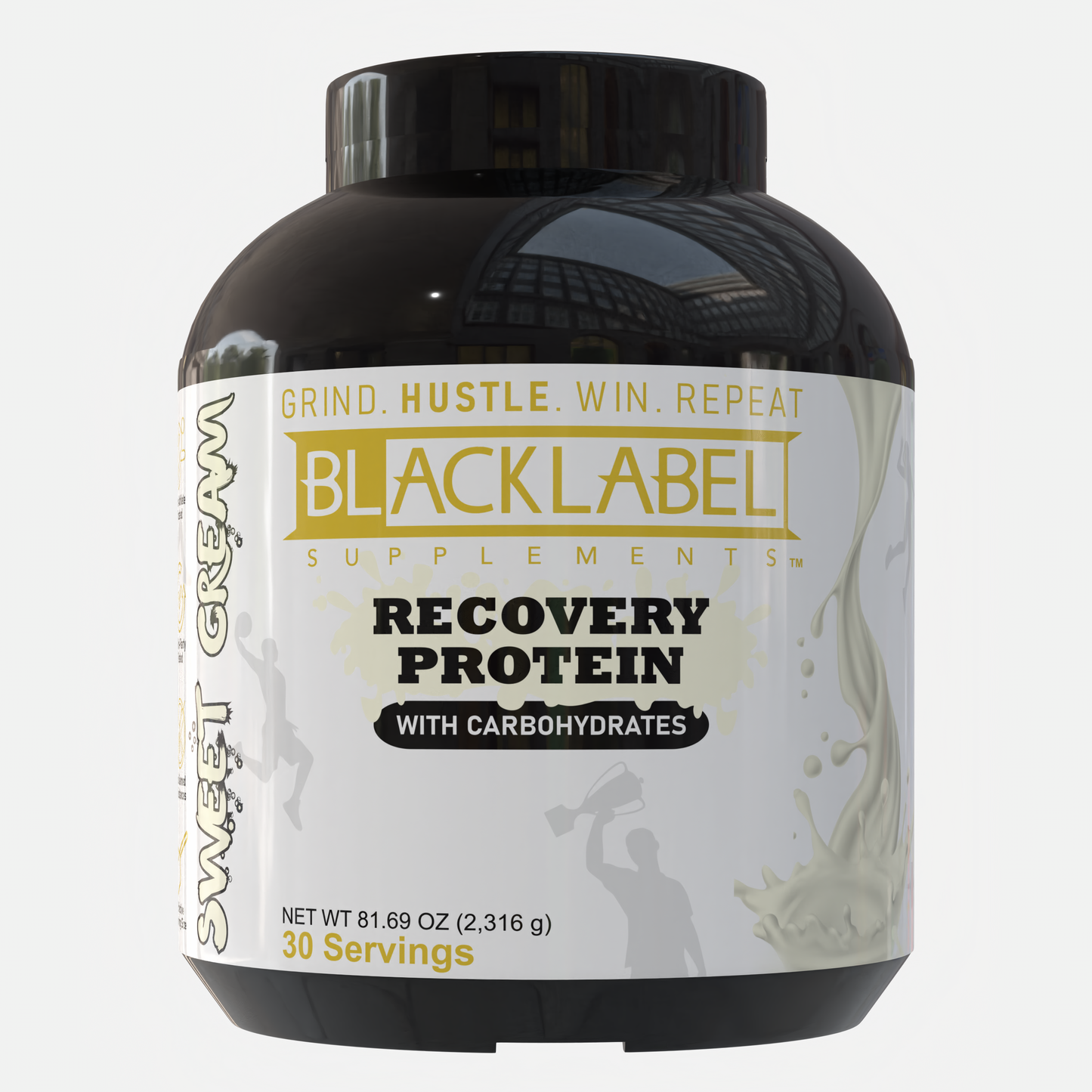 A large black and white container of BLACKLABEL Supplements RECOVERY PROTEIN with Carbohydrates in Sweet Cream flavor features bold yellow and black text, the phrase “Grind. Hustle. Win. Repeat.”, and contains 30 servings.