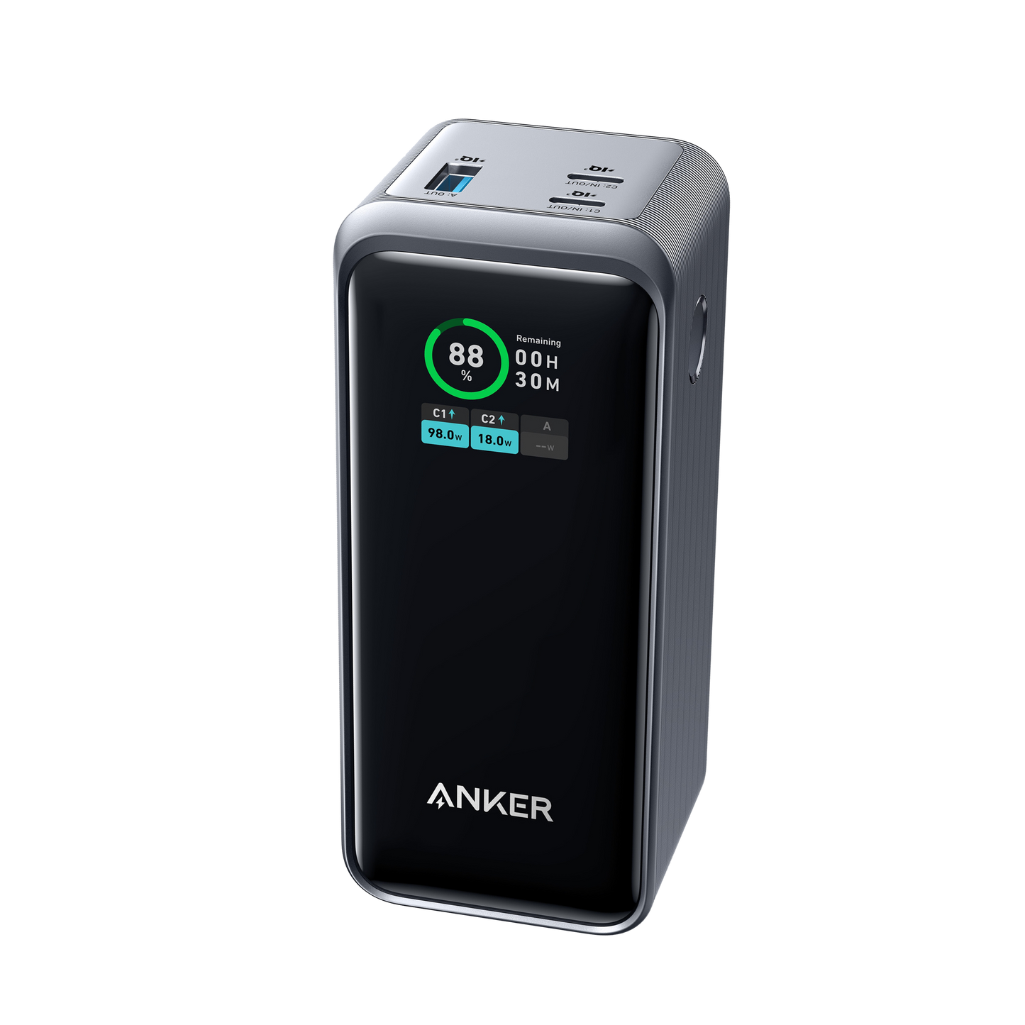 A black Anker Prime Power Bank (20K, 200W) by Anker with a digital display showing 88% charge and 30 minutes left. It features USB and USB-C ports on top, silver sides, the Anker logo in front, all set against a light gray background.