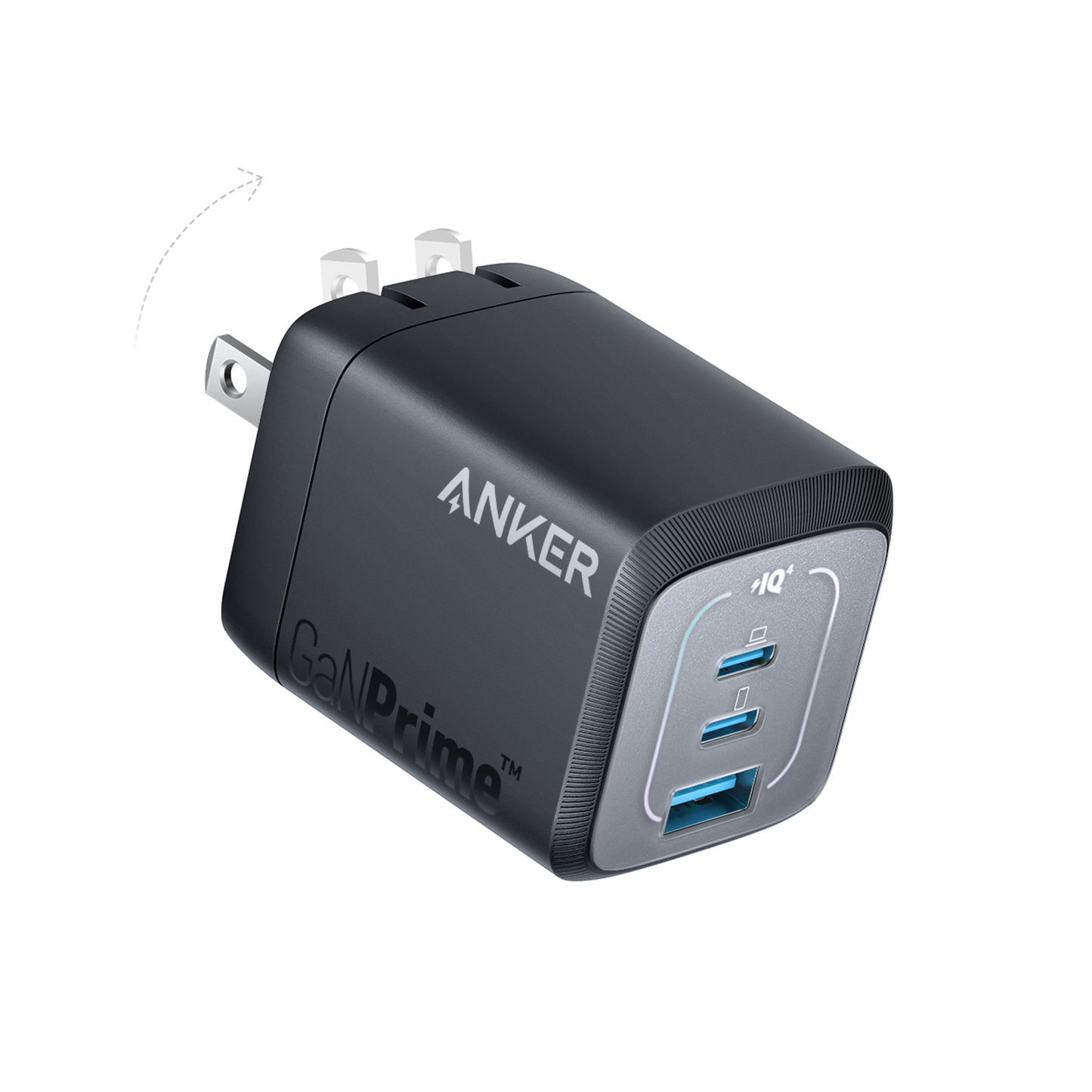 The Anker Prime 67W GaN Wall Charger, in black with GaNPrime branding, features fast charging, silver foldable prongs, two USB-C ports, and one USB-A port on the front. An arrow highlights its foldable prongs against a plain white background.