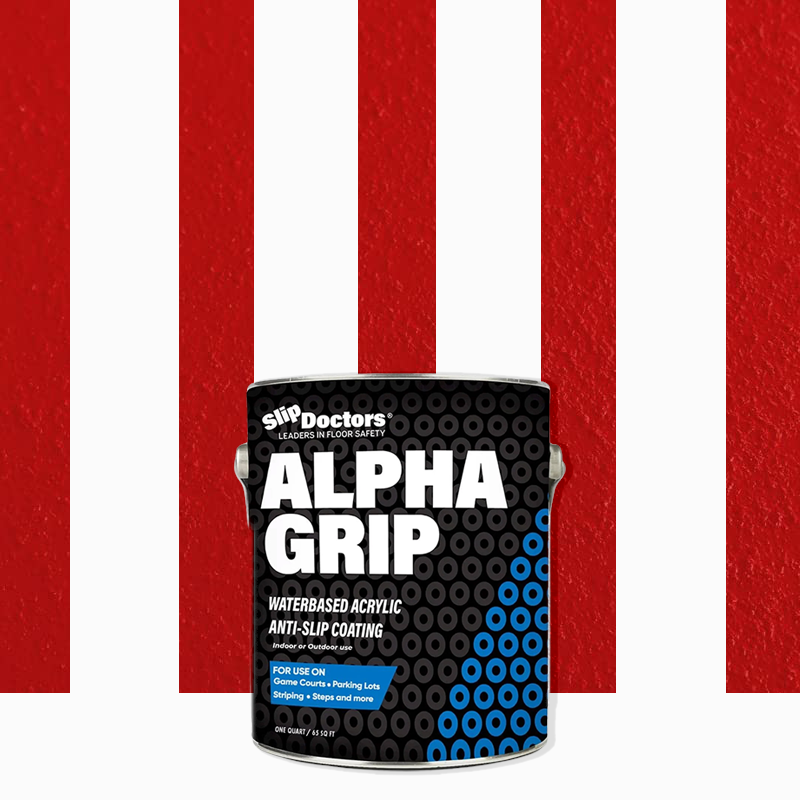 A can of SlipDoctors Alpha Grip Non-Slip Stripe and Athletic Court Paint, featuring a water-based acrylic formula, is displayed against bold vertical red and white stripes—ideal for garages, parking lots, or as pickleball court paint.