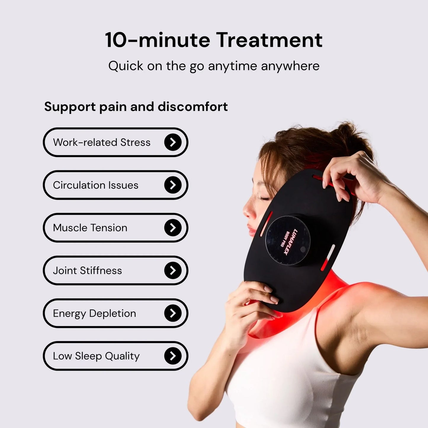 A woman holds the iReliev Body Pro Red Light and Infrared Therapy Wrap to her neck. Above her, text reads "10–minute Treatment, Quick on the go anytime anywhere." Benefits include stress, circulation, muscle tension, pain, energy & sports performance.