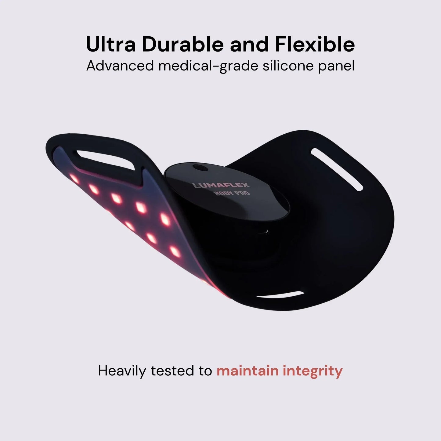 The iReliev Body Pro Red Light and Infrared Therapy Wrap features a curved, ultra-durable, flexible black silicone panel with glowing red LEDs. An advanced medical-grade design, perfect for pain relief or enhancing sports performance.